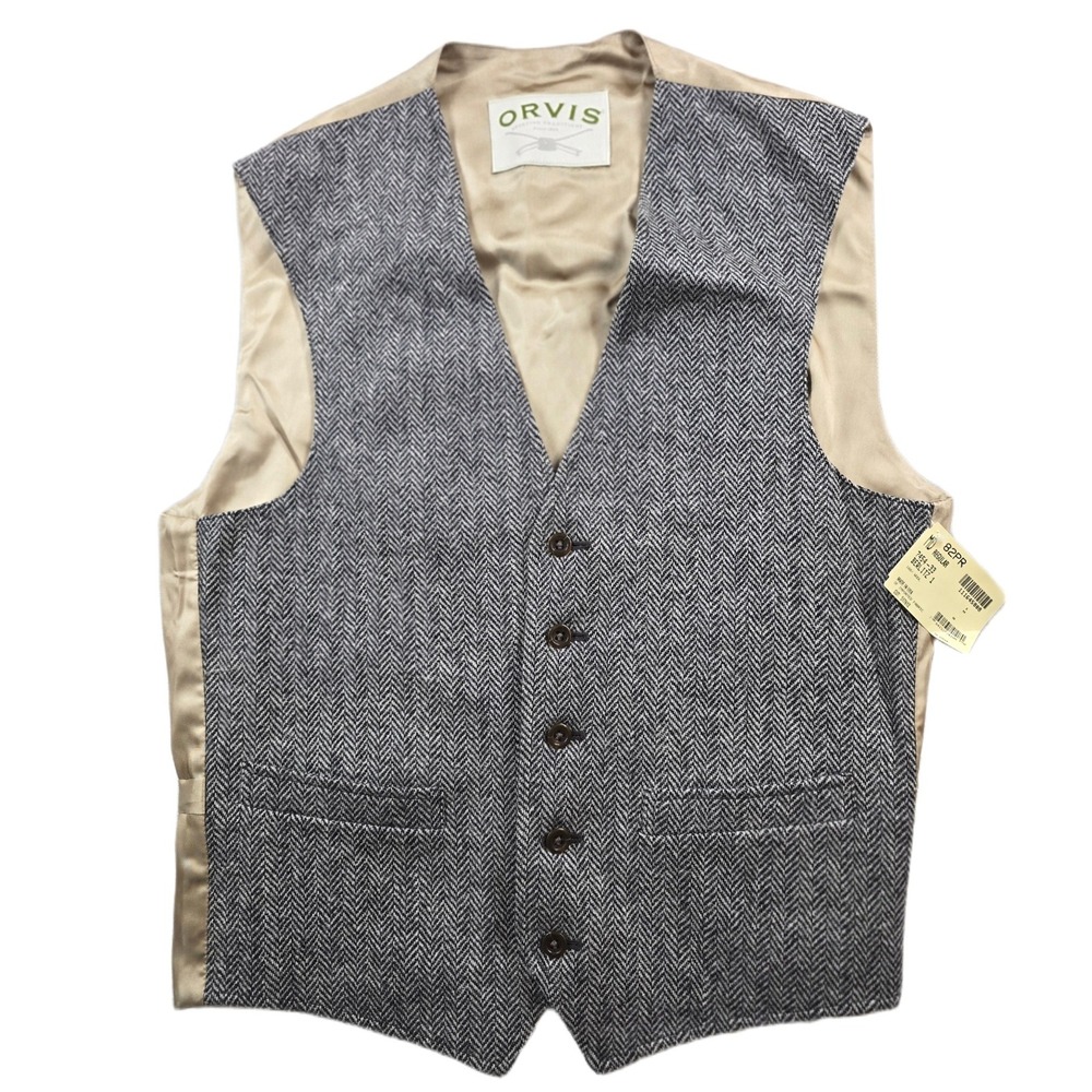 Orvis Wool Herringbone Vest Mens Medium Gray Waistcoat Made USA NOS NEW